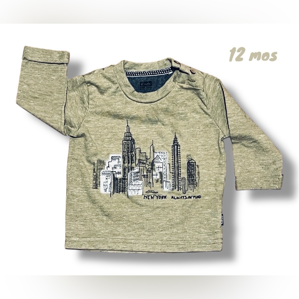VGUC Olive Green NYC Cityscape Infant Shirt; Wooden Buttons at Neck (12 months)